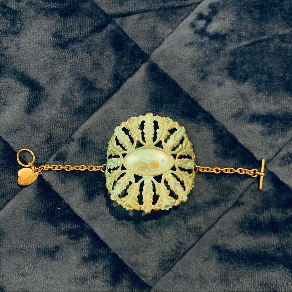Brass Verdigris Bracelet with Intricate  Floral Medallion